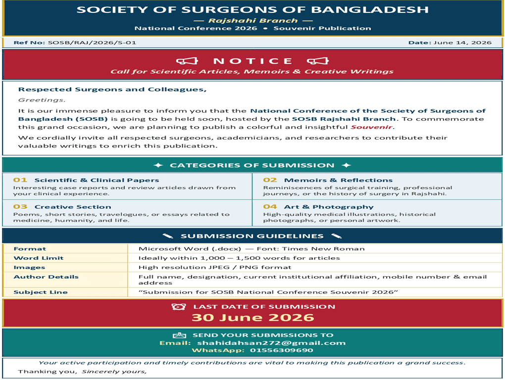 NOTICE: Call for Scientific Articles, Memoirs, and Creative Writings for the Souvenir.